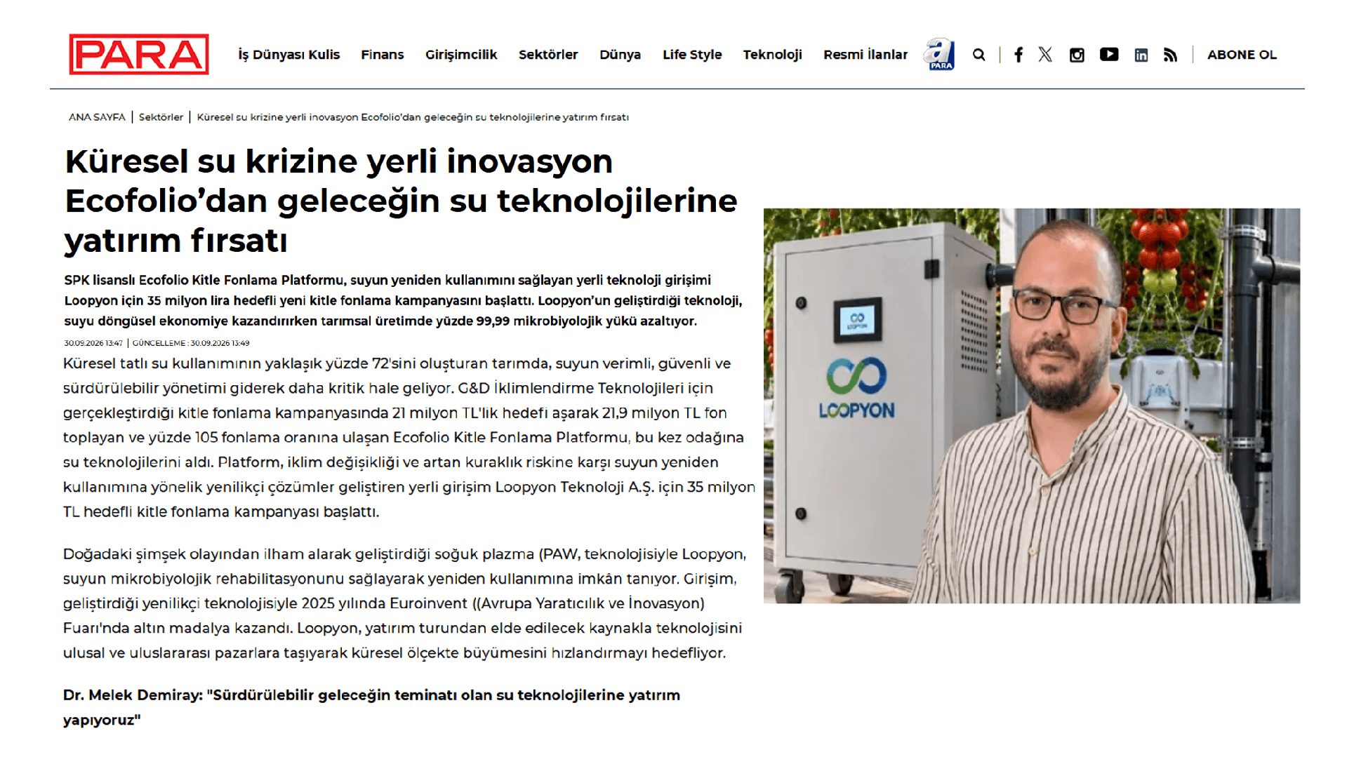 Para Dergi - 30.09.2026 "Küresel su krizine yerli inovasyon Ecofolio’dan geleceğin su teknolojilerine yatırım fırsatı"