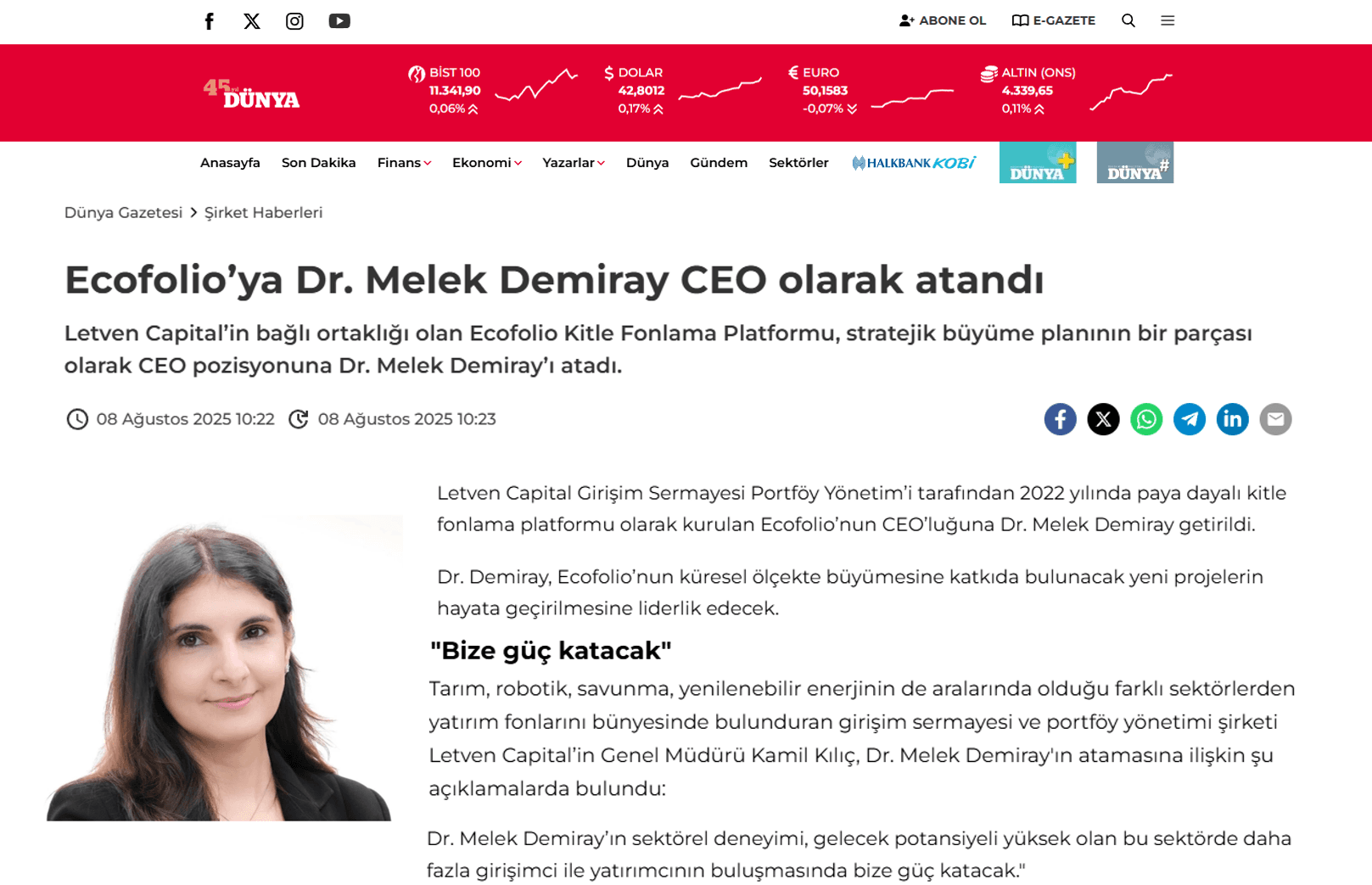 Dünya Gazetesi - 08.08.2025 "Ecofolio’ya Dr. Melek Demiray CEO olarak atandı"
