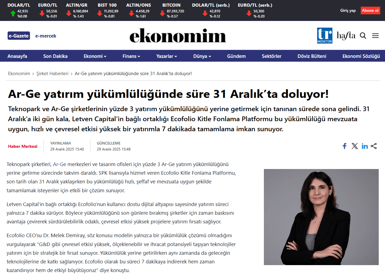 Ekonomim - 29.12.2025 "Ar-Ge yatırım yükümlülüğünde süre 31 Aralık’ta doluyor!"