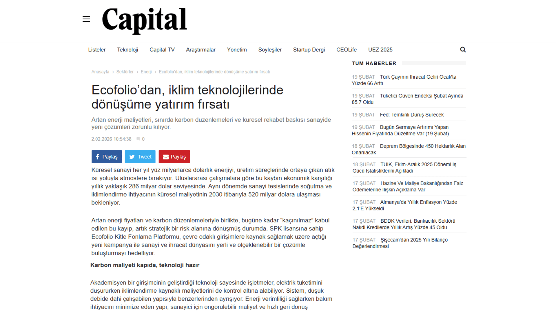 Capital Dergisi - 02.02.2026 "Ecofolio’dan, iklim teknolojilerinde dönüşüme yatırım fırsatı"