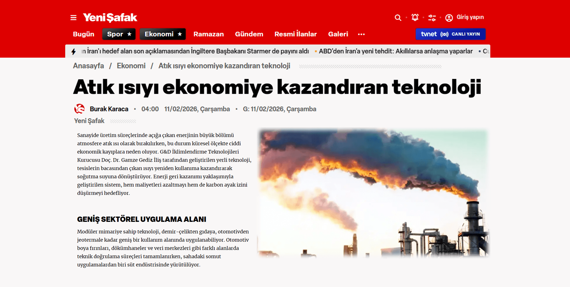 Yeni Şafak - 11.02.2026 "Atık ısıyı ekonomiye kazandıran teknoloji"